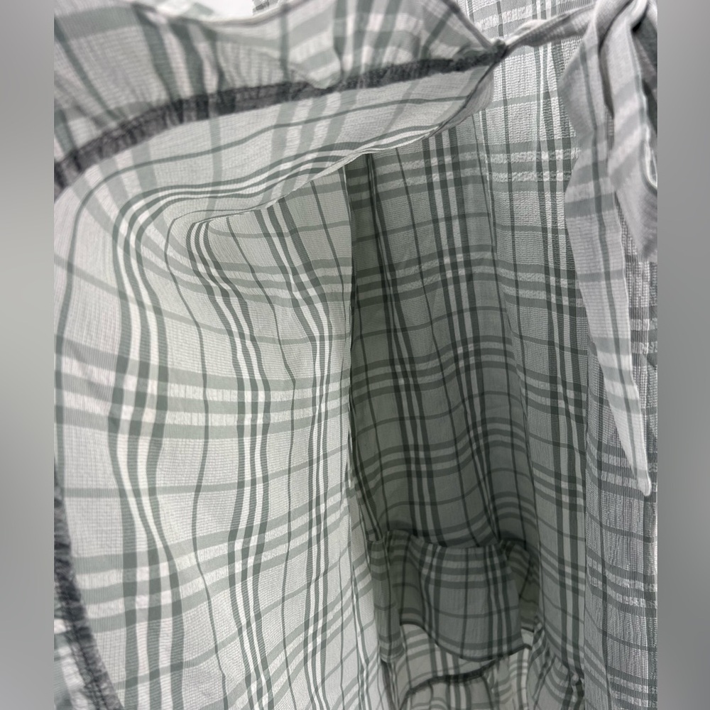 Chelsea 28 plaid midi white gray faux wrap dress S ruffle neutral office party - Picture 9 of 12